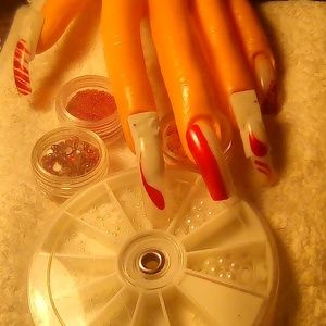 Custom hand painted red n white nail set. Dakeek designed one of a kind sets.